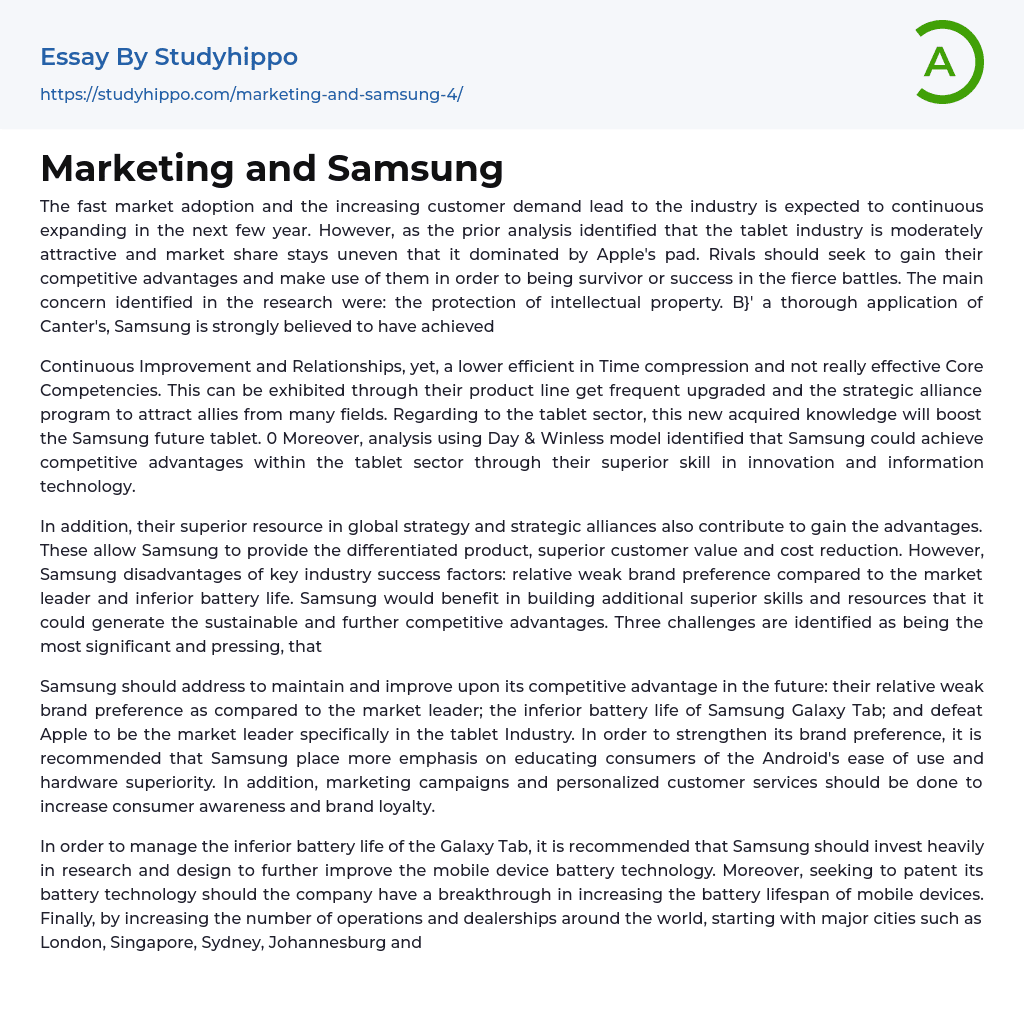 Marketing and Samsung Essay Example
