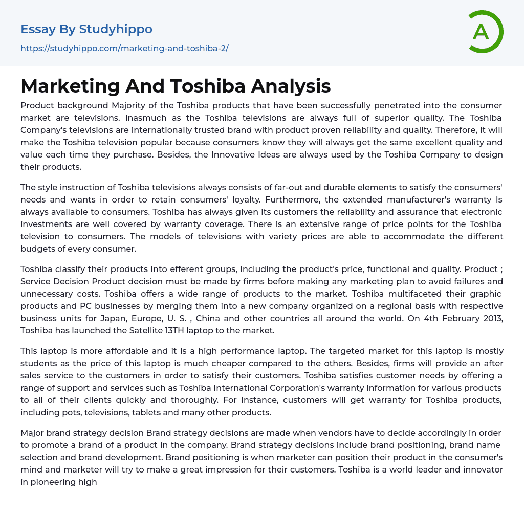 Marketing And Toshiba Analysis Essay Example