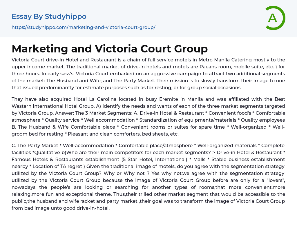 Marketing and Victoria Court Group Essay Example