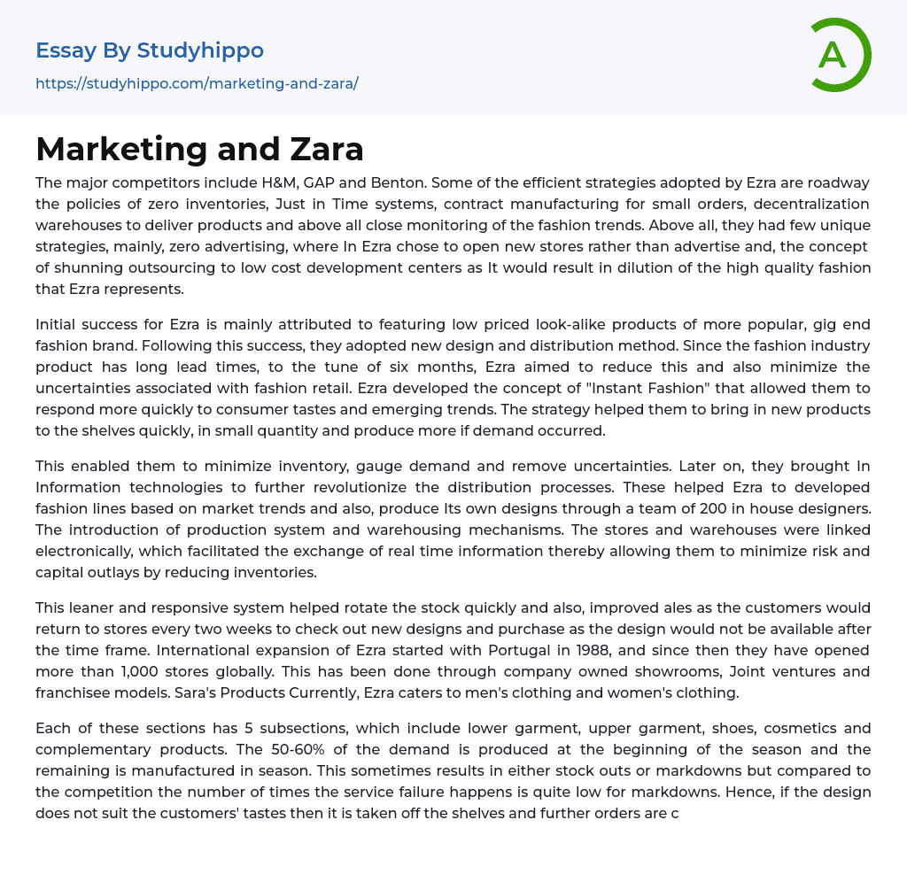 Marketing and Zara Essay Example
