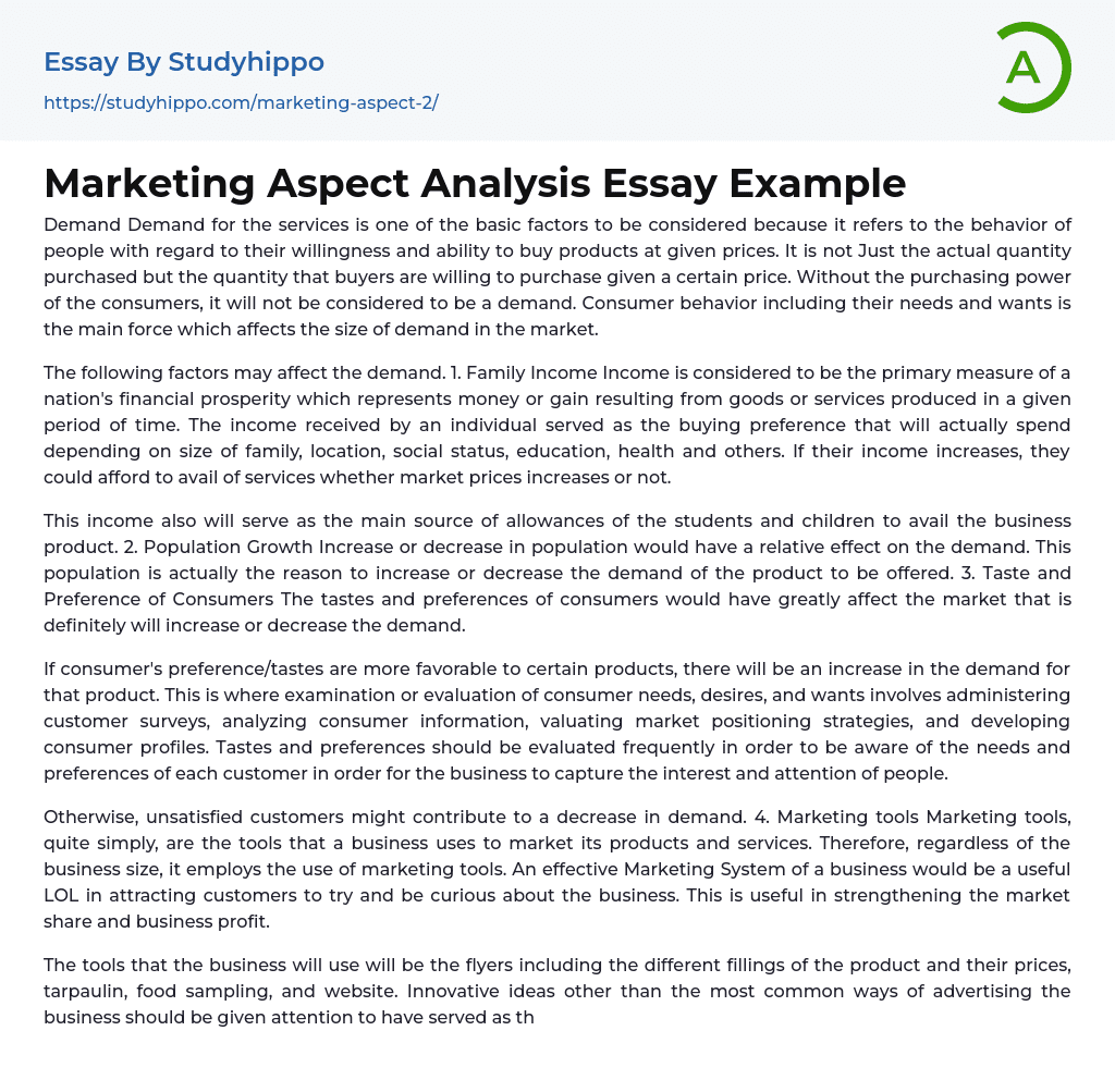 Marketing Aspect Analysis Essay Example