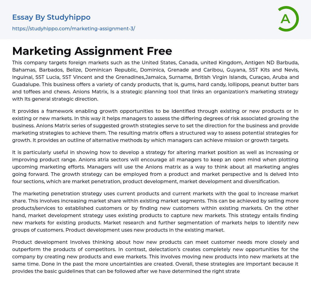 Marketing Assignment Free Essay Example