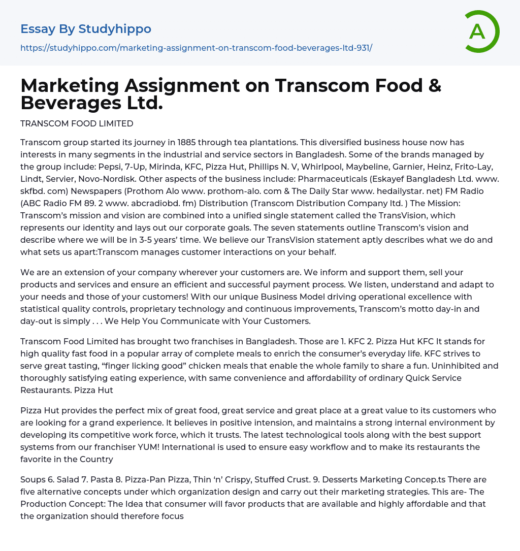 Marketing Assignment on Transcom Food & Beverages Ltd. Essay Example