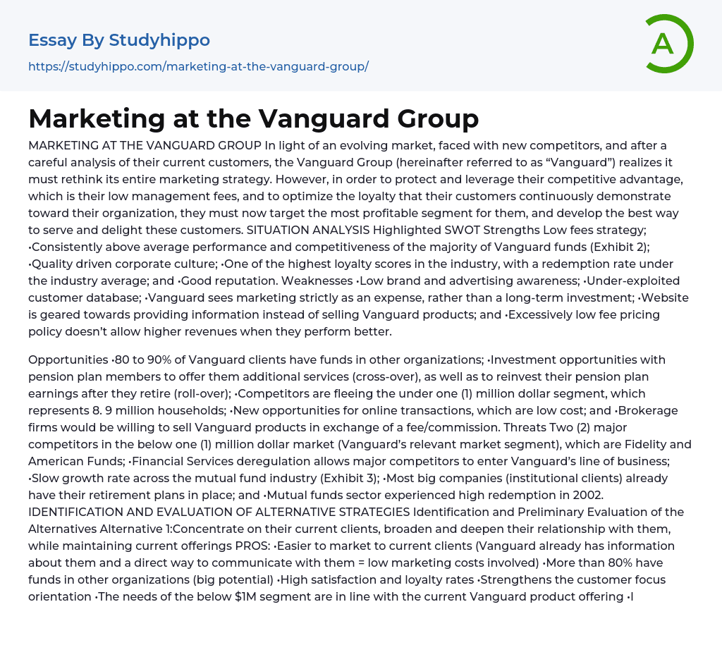 Marketing at the Vanguard Group: Recommendation and Rationale Essay Example
