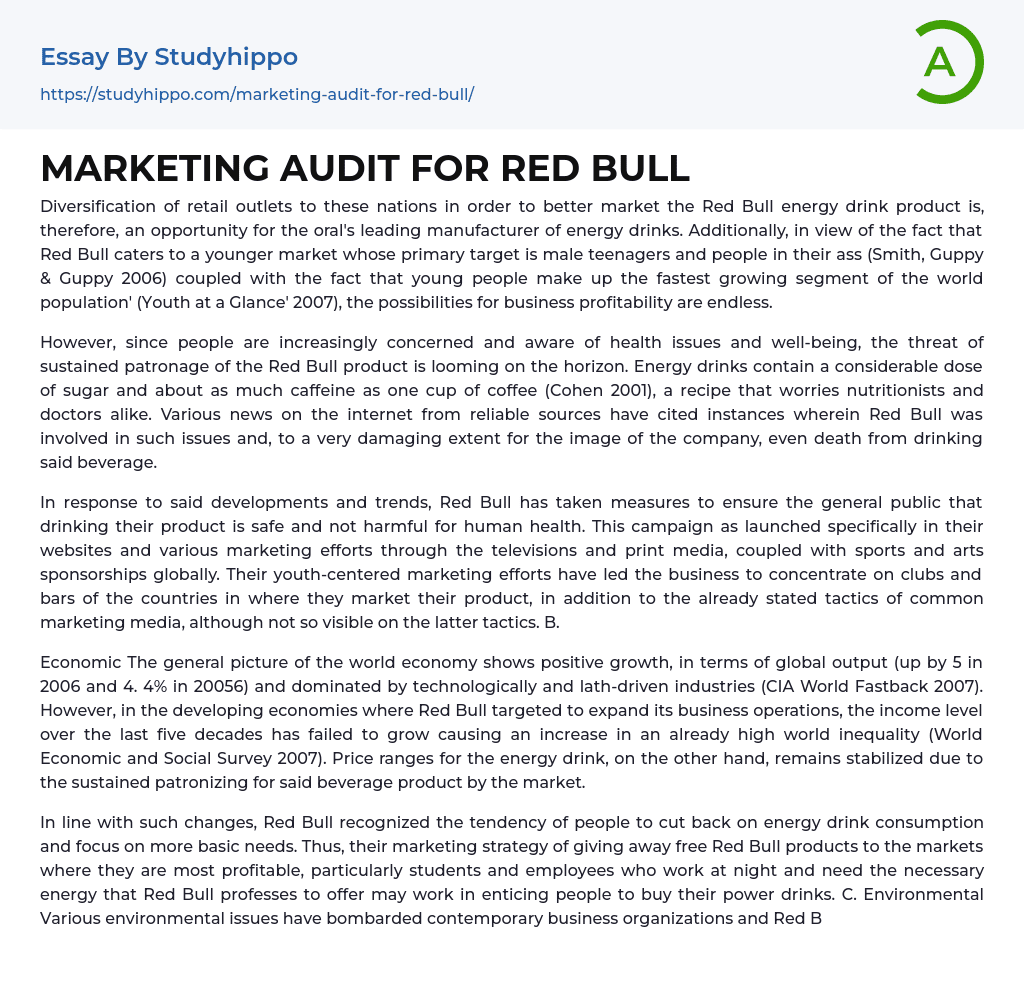 MARKETING AUDIT FOR RED BULL Essay Example