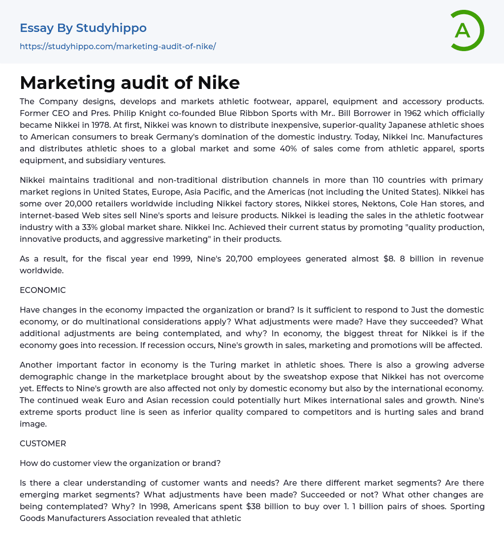 Marketing audit of Nike Essay Example