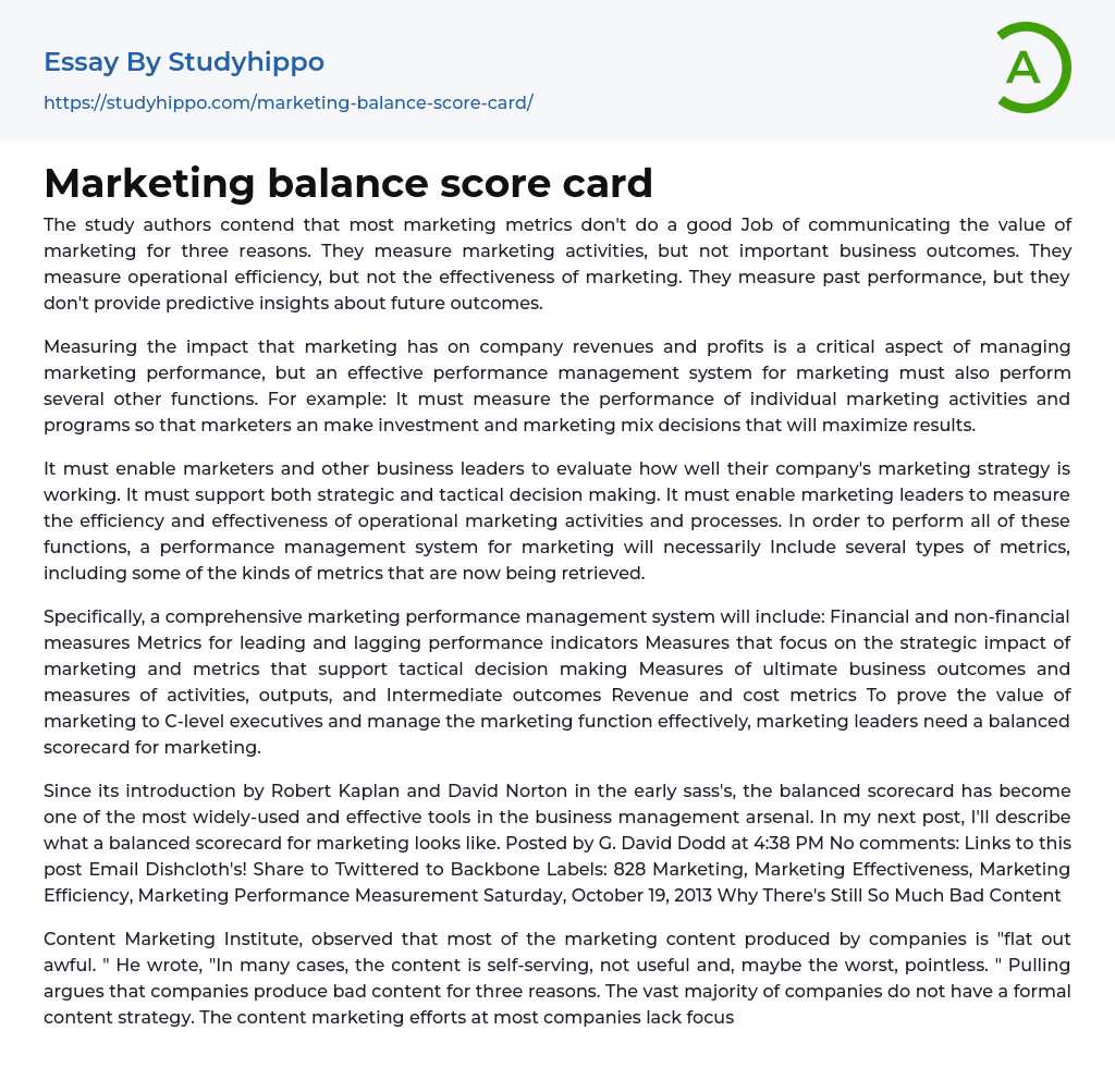 Marketing balance score card Essay Example