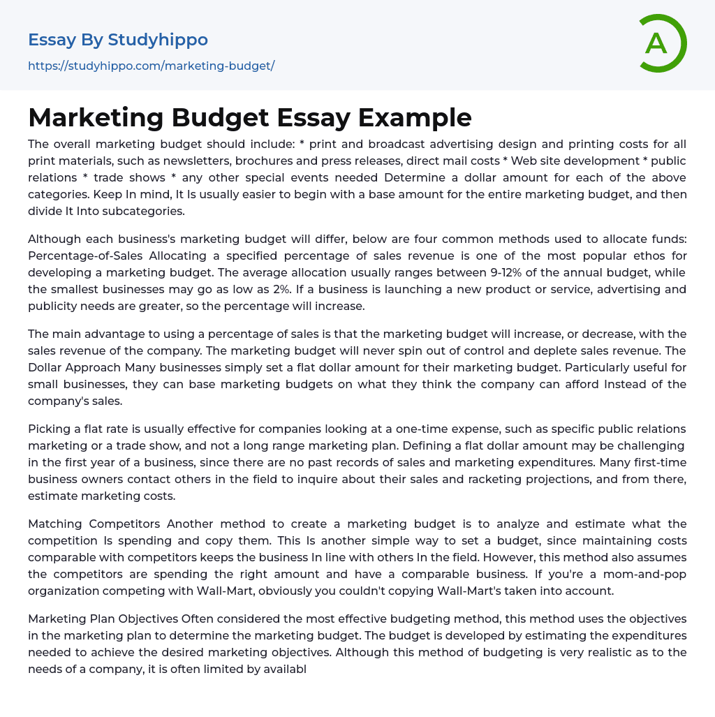 Marketing Budget Essay Example