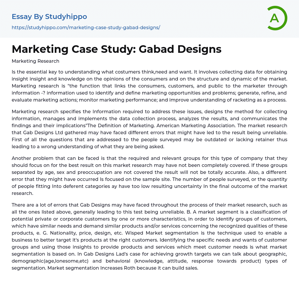 Marketing Case Study: Gabad Designs Essay Example