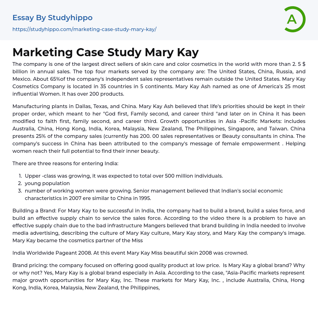 Marketing Case Study Mary Kay Essay Example