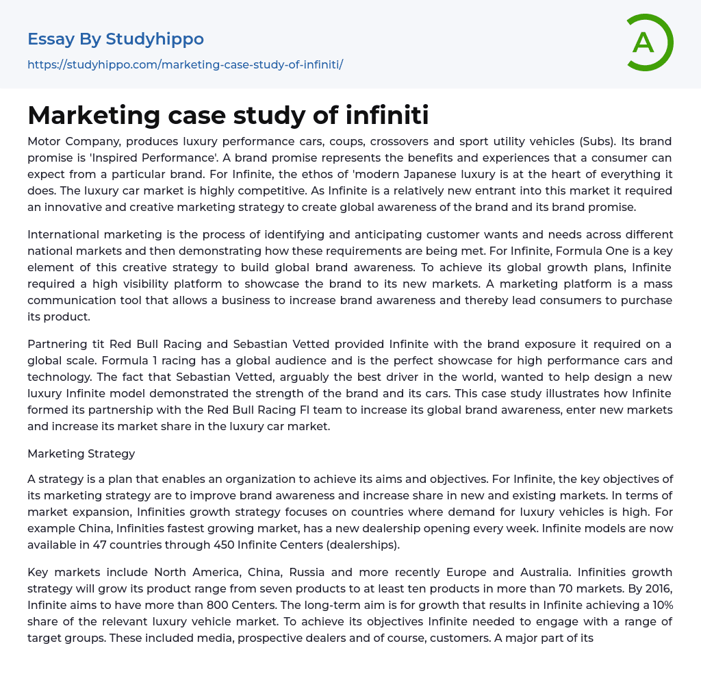 Marketing case study of infiniti Essay Example