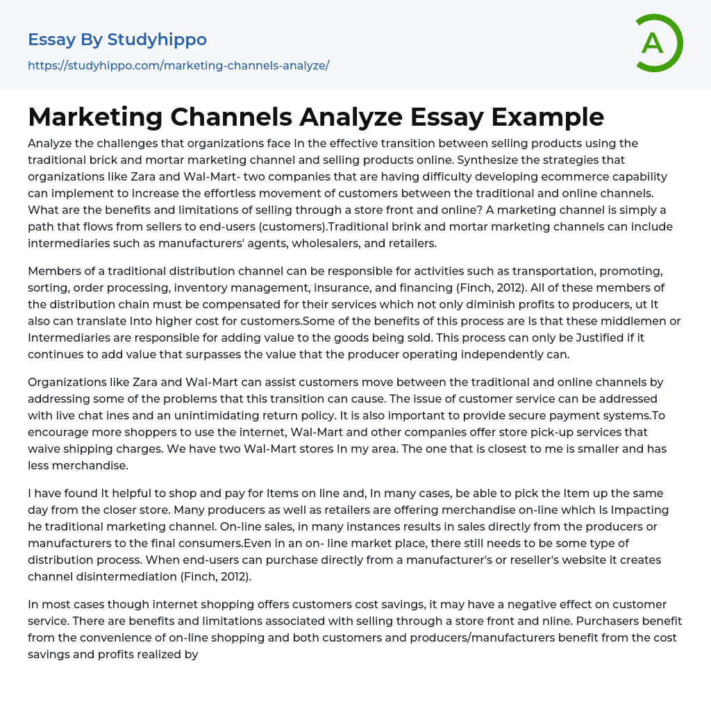 Marketing Channels Analyze Essay Example