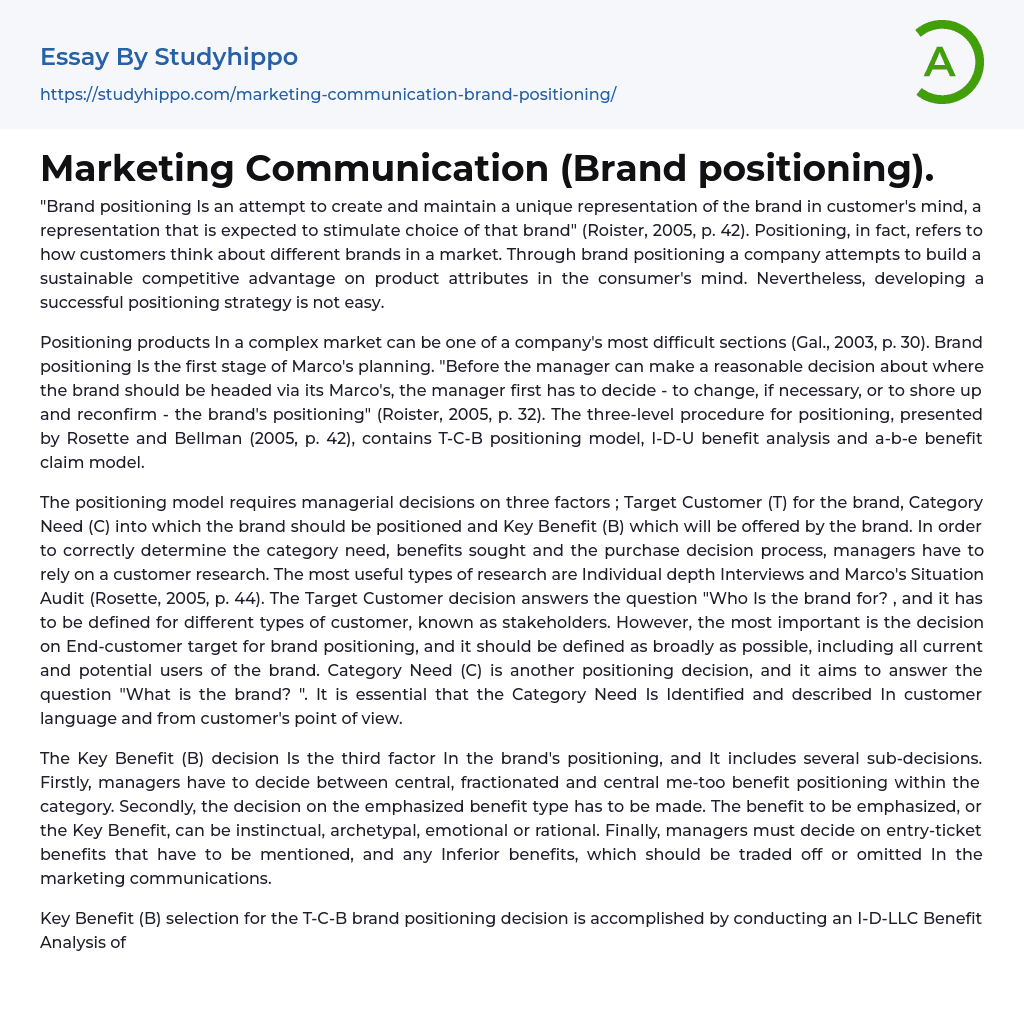 Marketing Communication (Brand positioning). Essay Example