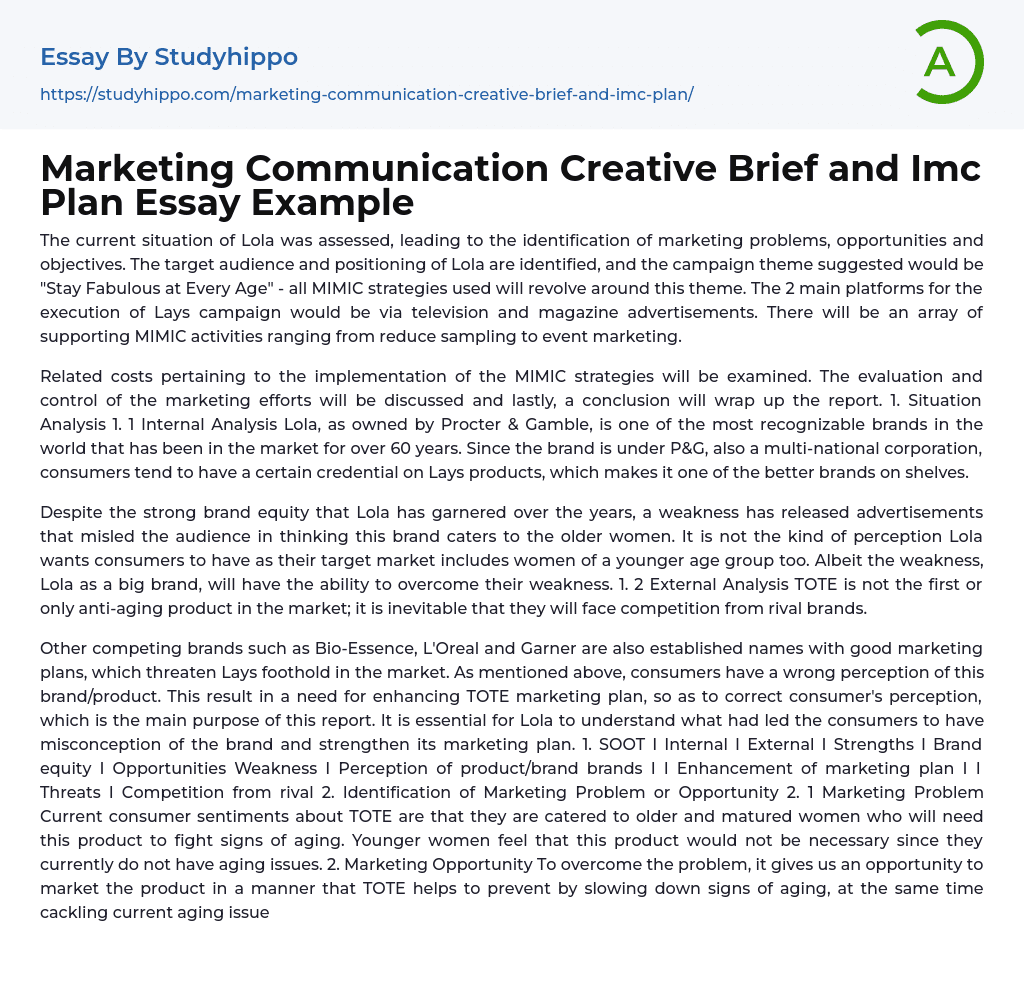 Marketing Communication Creative Brief and Imc Plan Essay Example