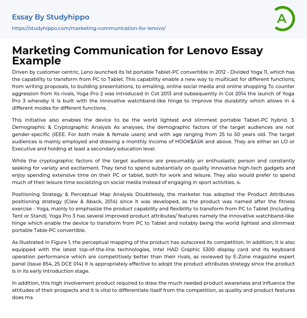 Marketing Communication for Lenovo Essay Example