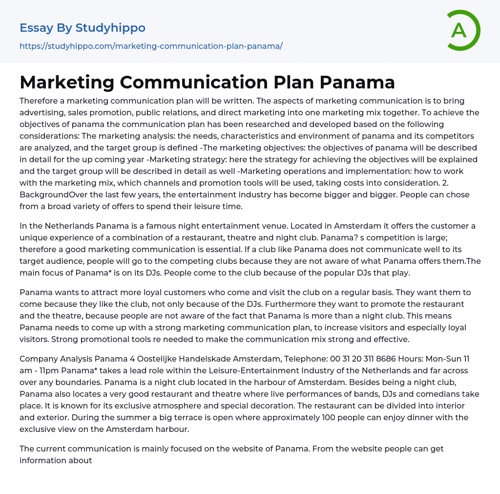 Marketing Communication Plan Panama Essay Example