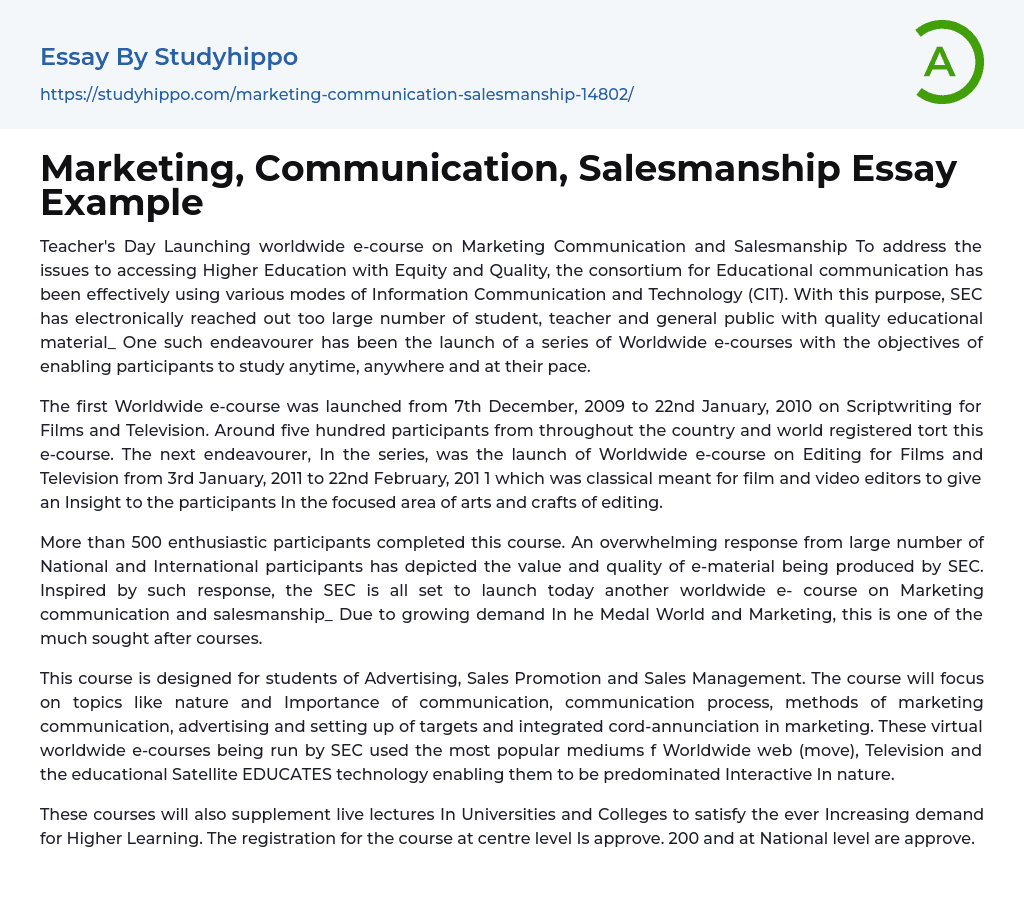 Marketing, Communication, Salesmanship Essay Example