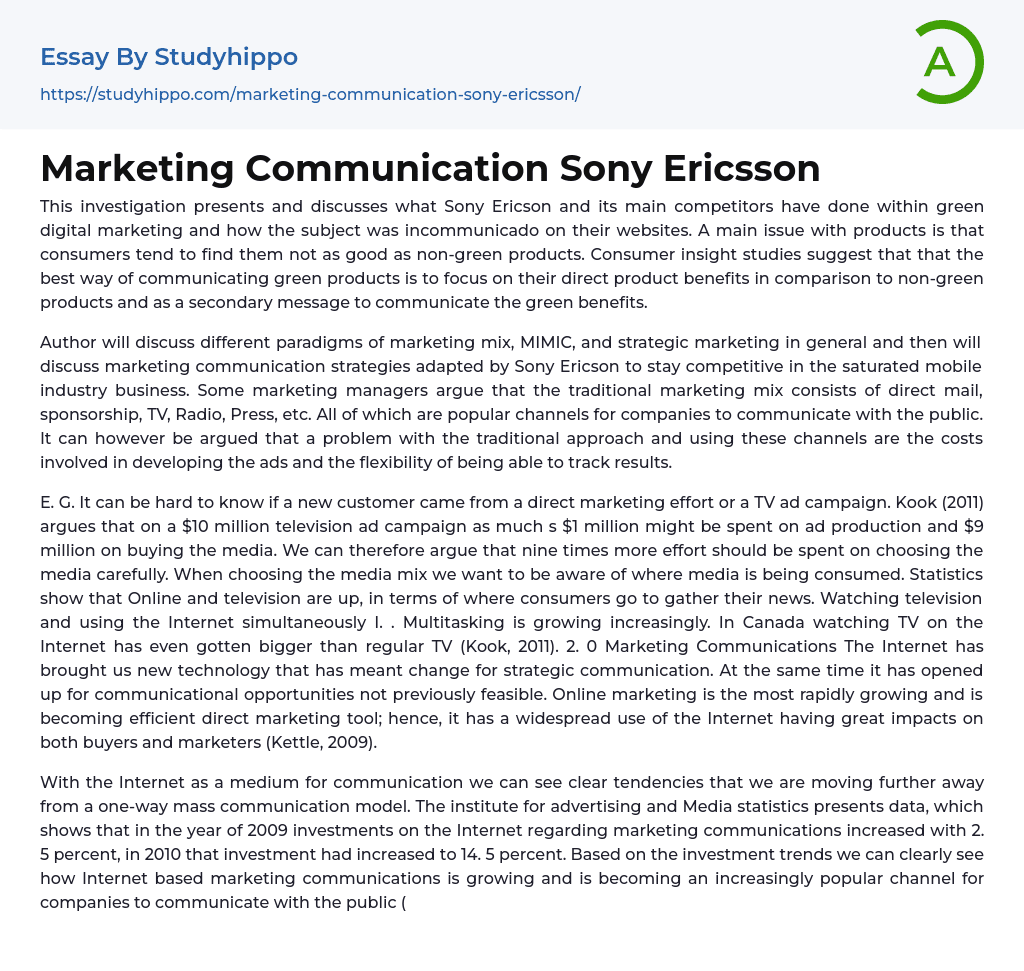 Marketing Communication Sony Ericsson Essay Example