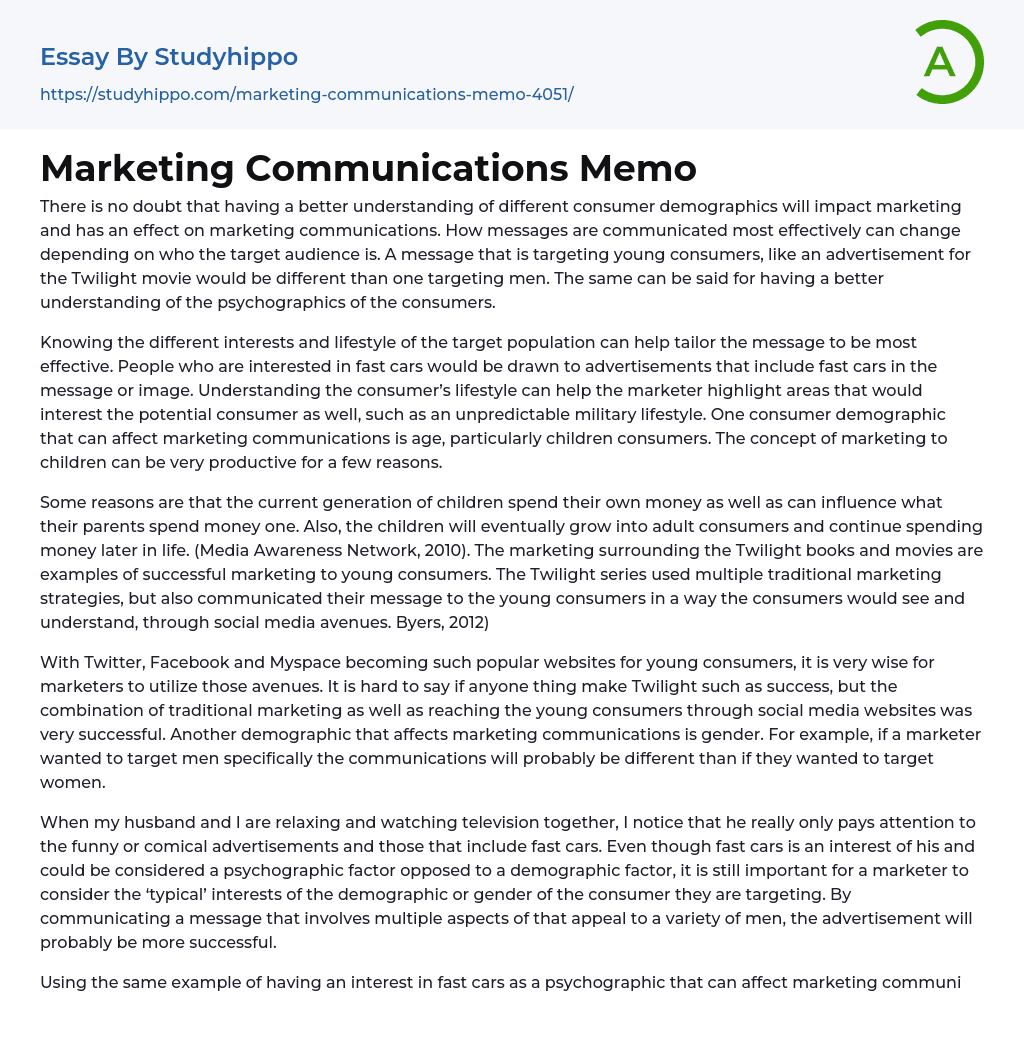Marketing Communications Memo Essay Example