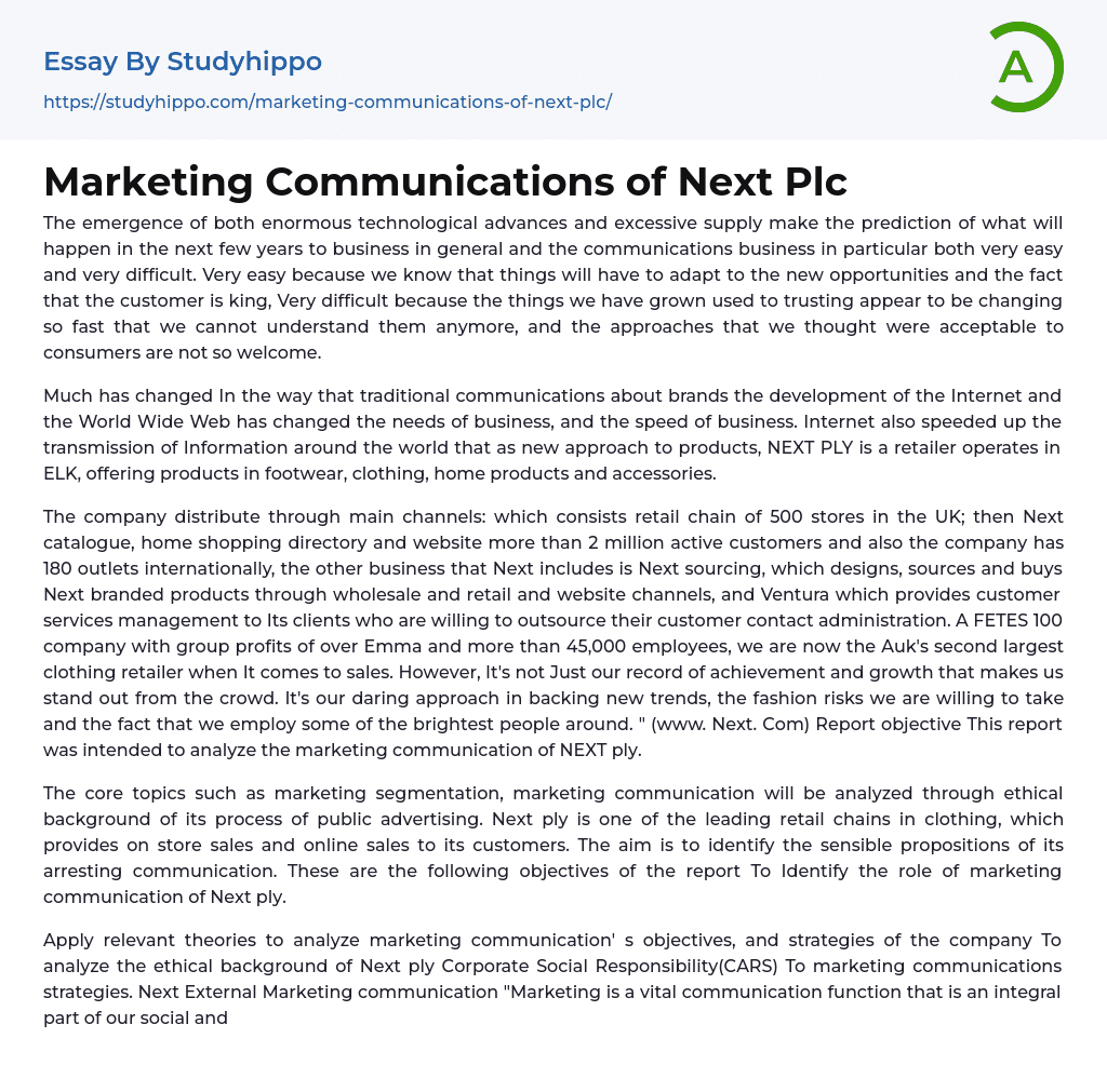Marketing Communications of Next Plc Essay Example