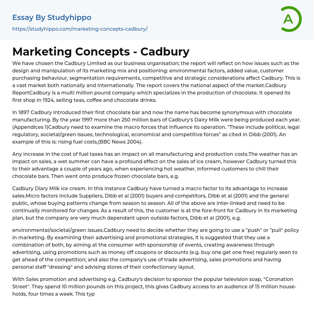 Marketing Concepts – Cadbury Essay Example