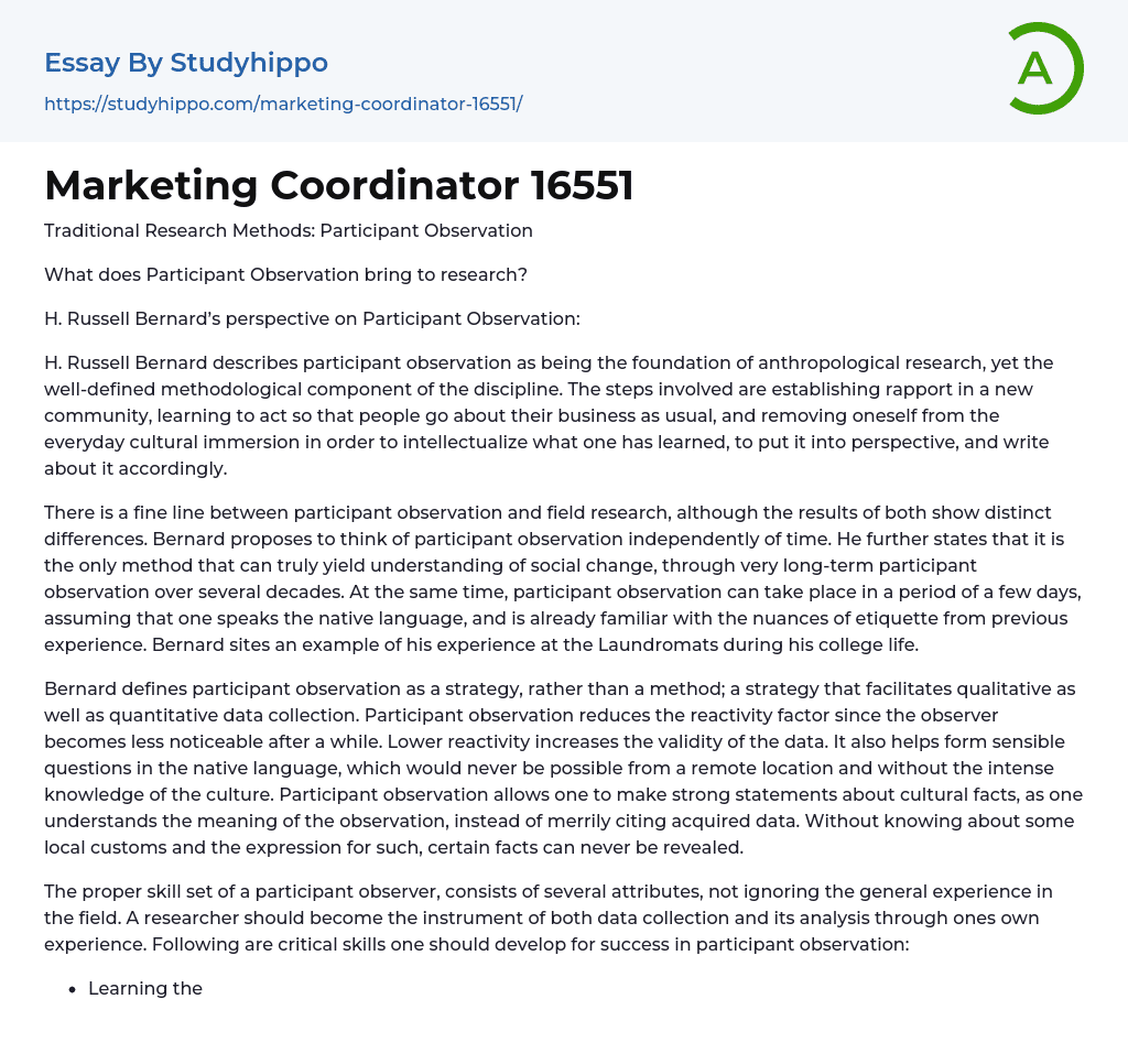 Marketing Coordinator 16551 Essay Example