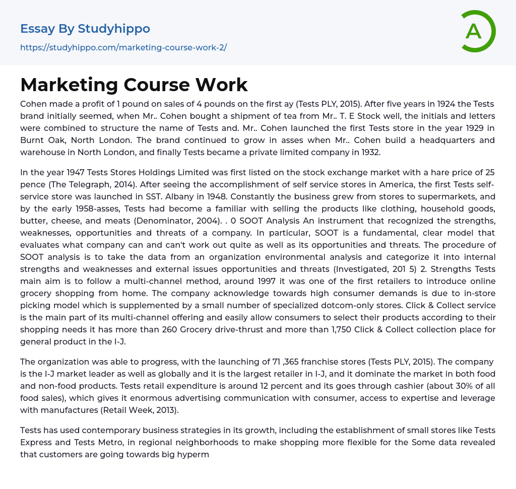 Marketing Course Work Essay Example