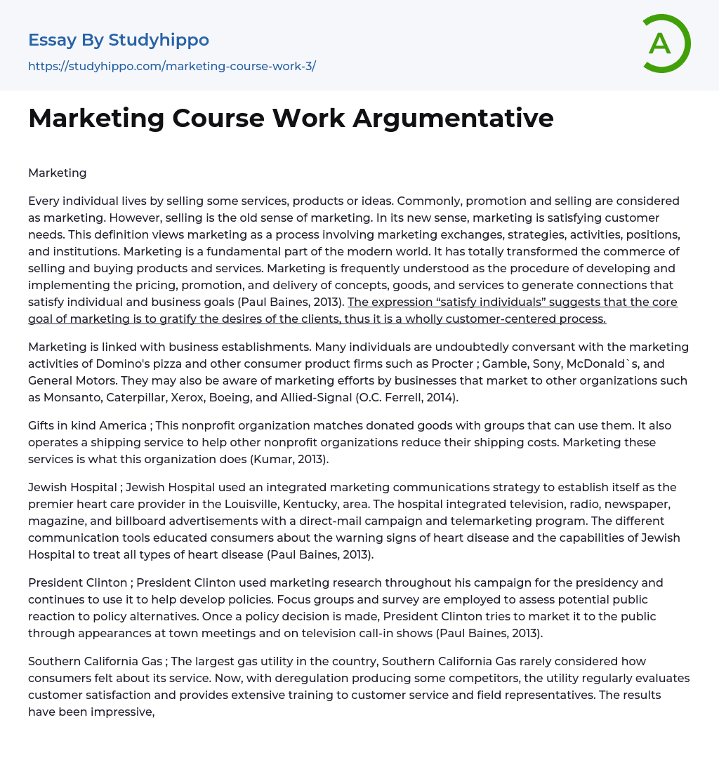 Marketing Course Work Argumentative Essay Example