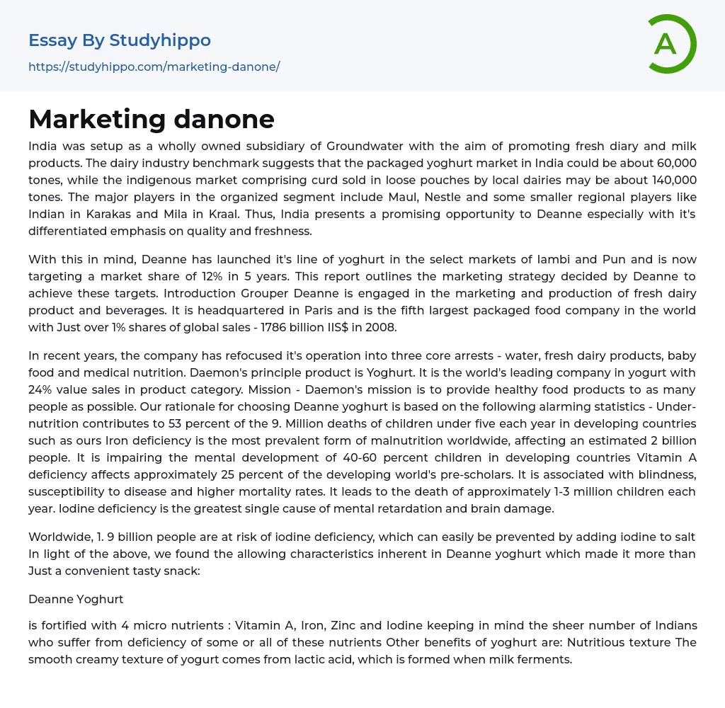 Marketing danone Essay Example