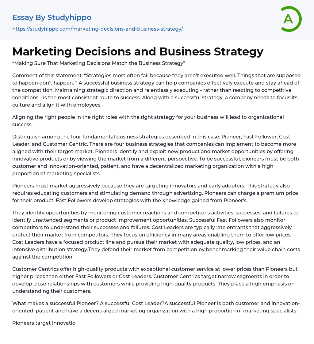Marketing Decisions and Business Strategy Essay Example