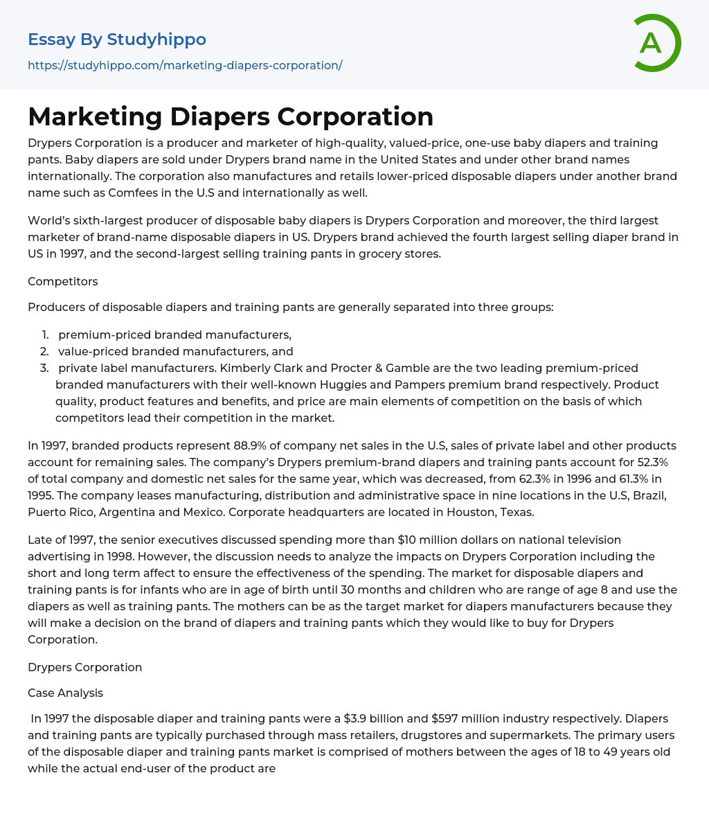 Marketing Diapers Corporation Essay Example