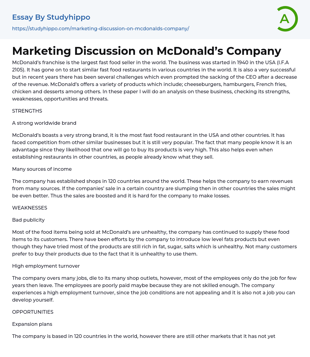 Marketing Discussion on McDonald’s Company Essay Example