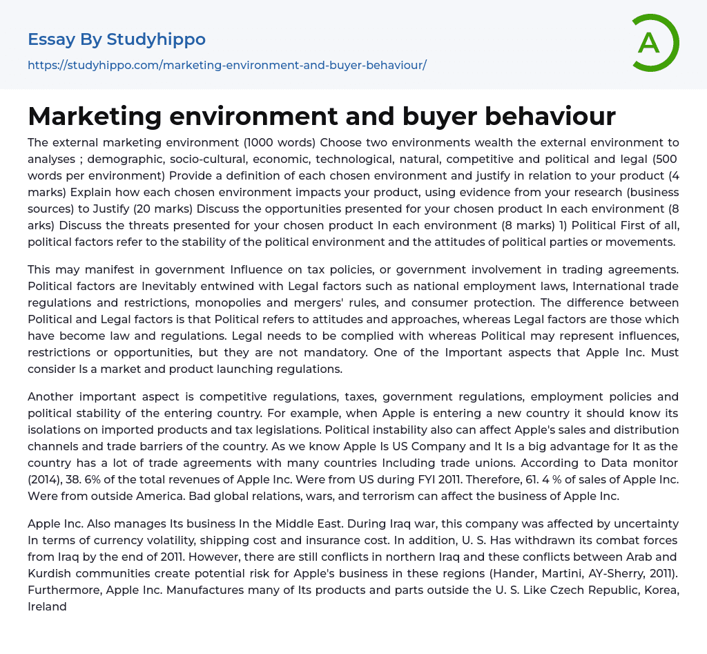 Marketing environment and buyer behaviour Essay Example