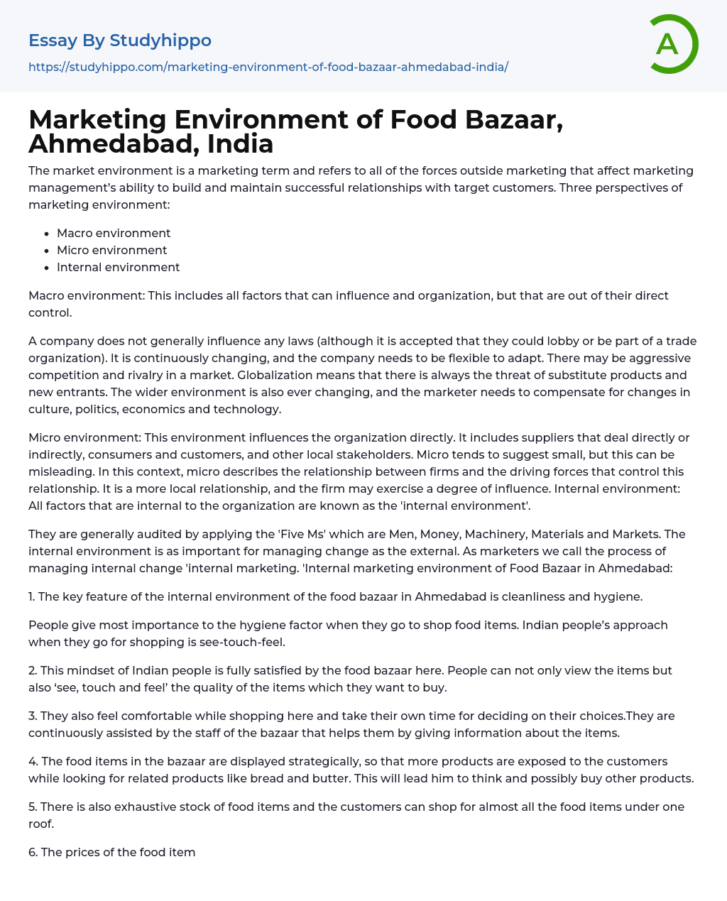Marketing Environment of Food Bazaar, Ahmedabad, India Essay Example