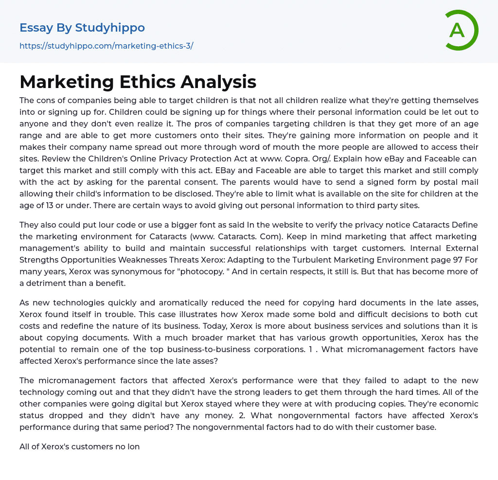 Marketing Ethics Analysis Essay Example