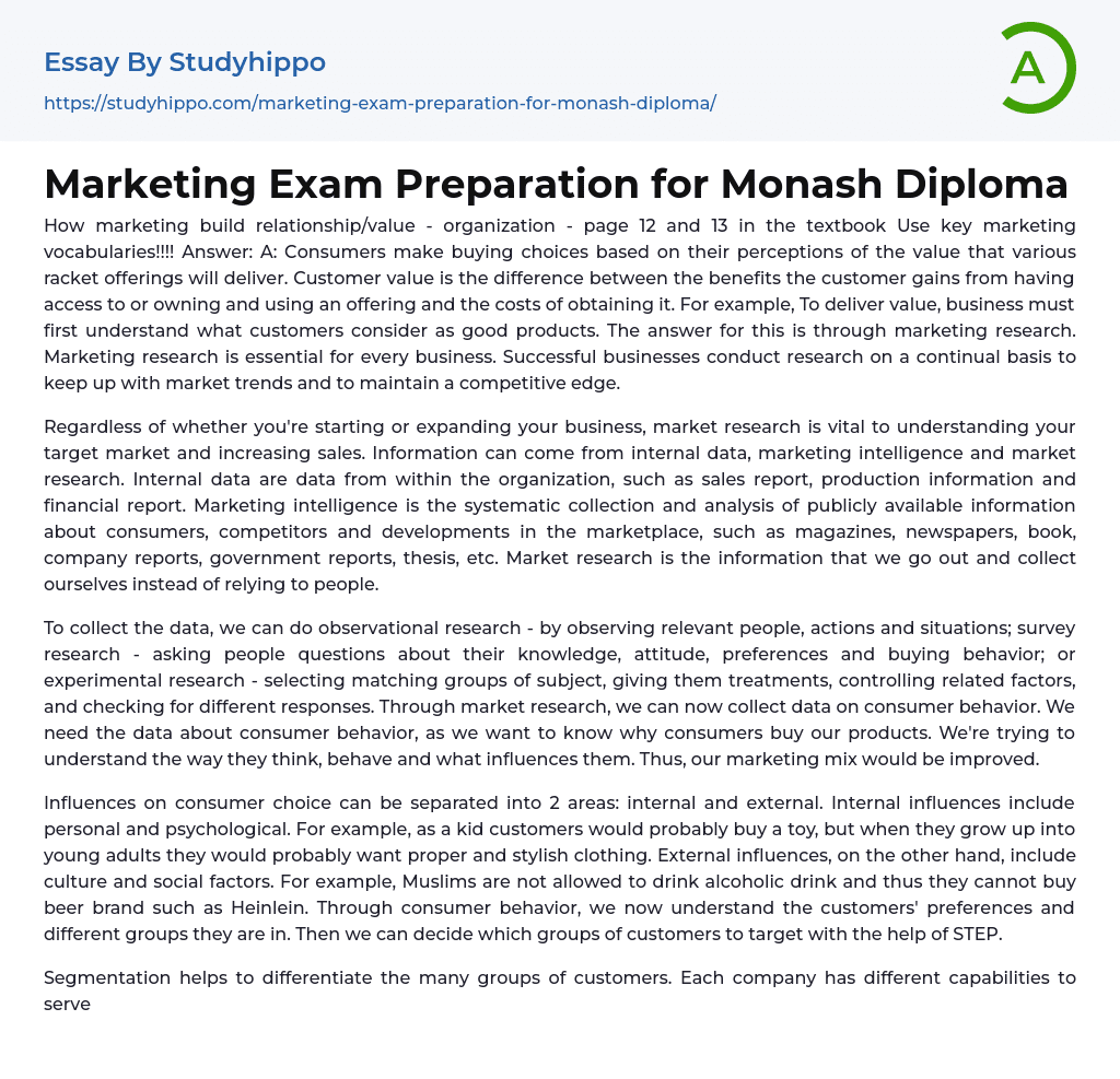 Marketing Exam Preparation for Monash Diploma Essay Example