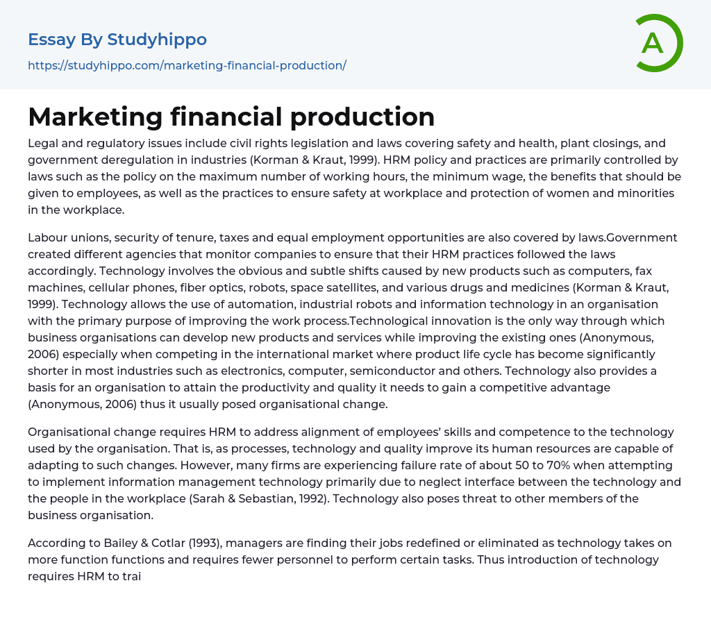 Marketing financial production Essay Example