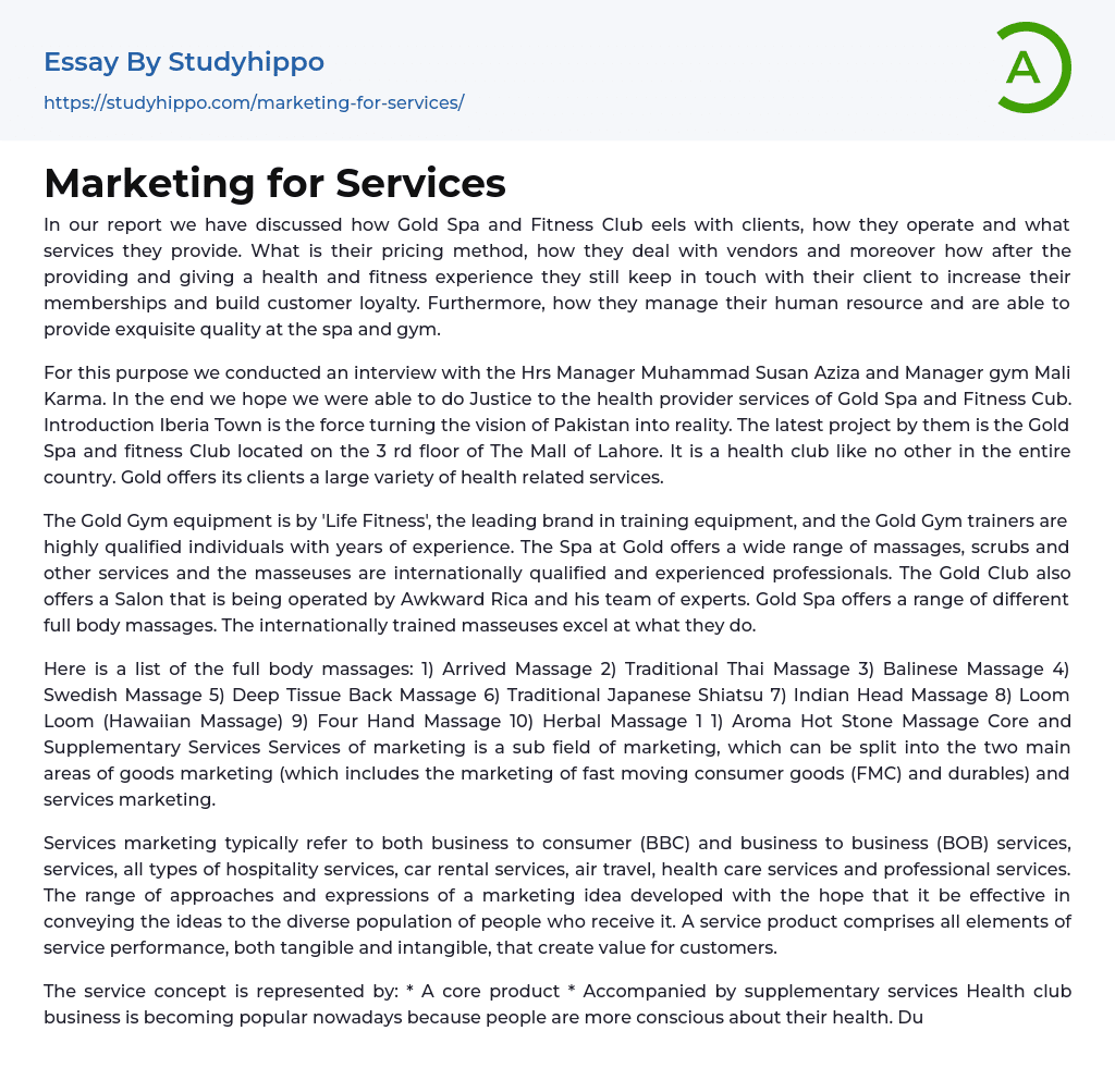 Marketing for Services Essay Example