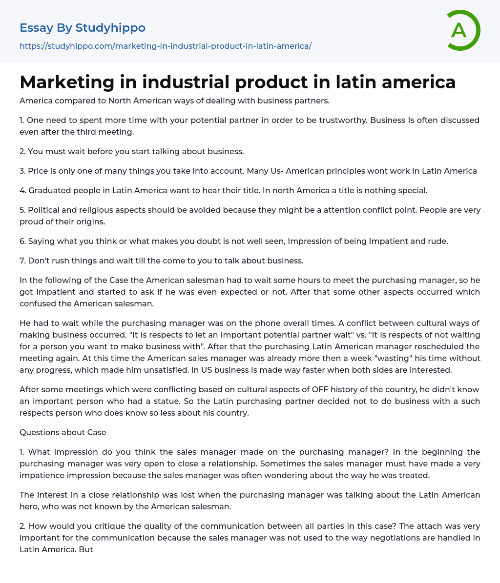Marketing in industrial product in latin america Essay Example