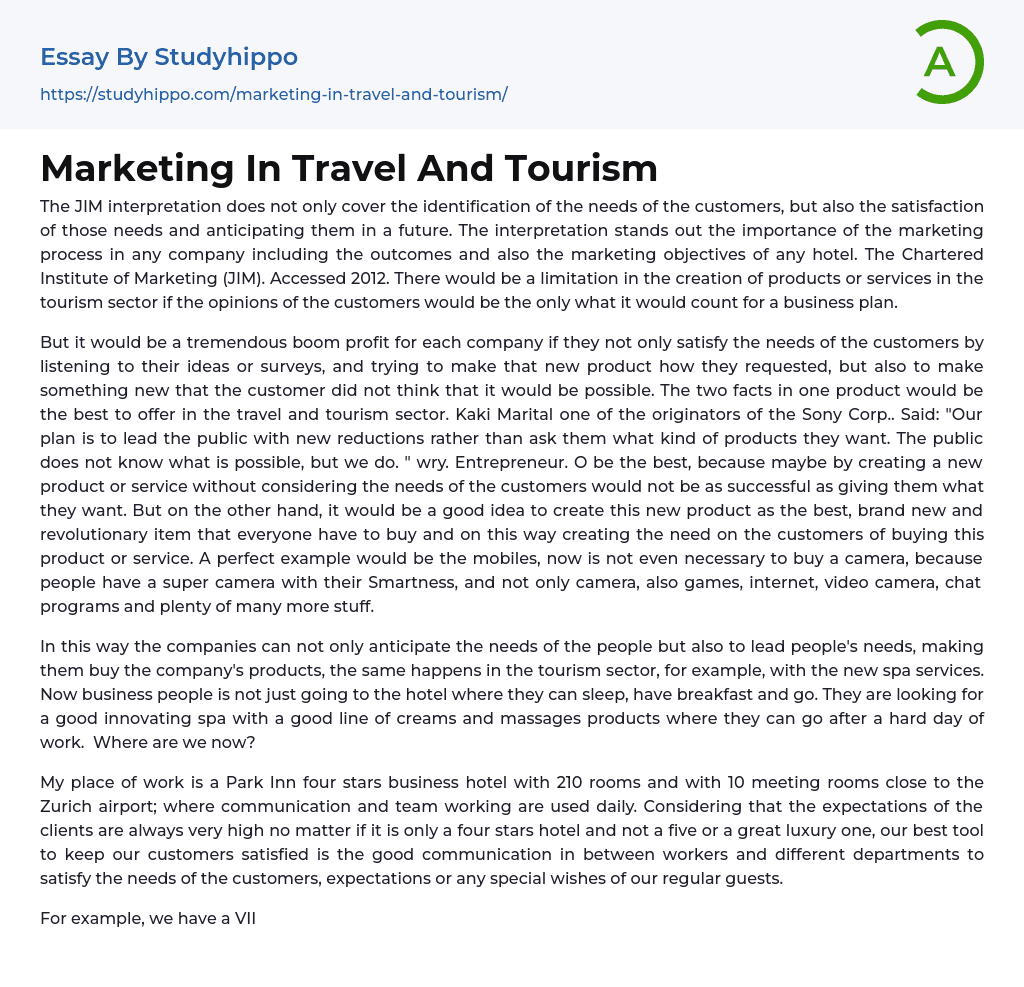 Marketing In Travel And Tourism Essay Example