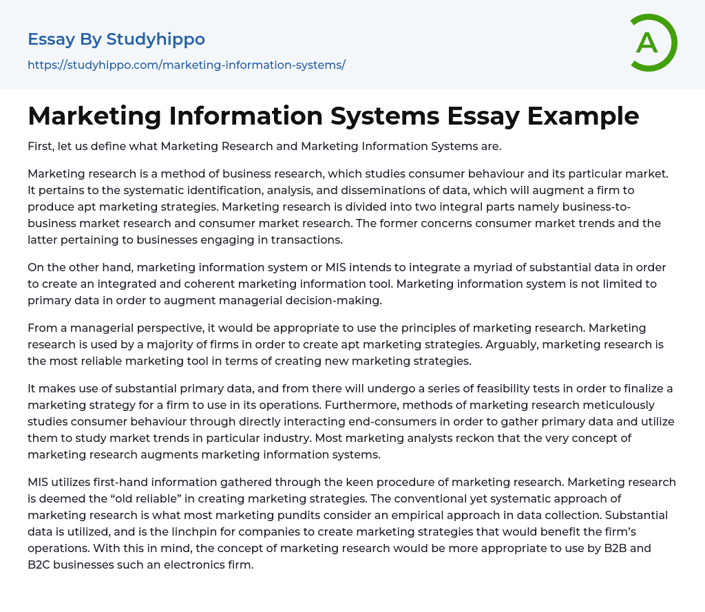 Marketing Information Systems Essay Example