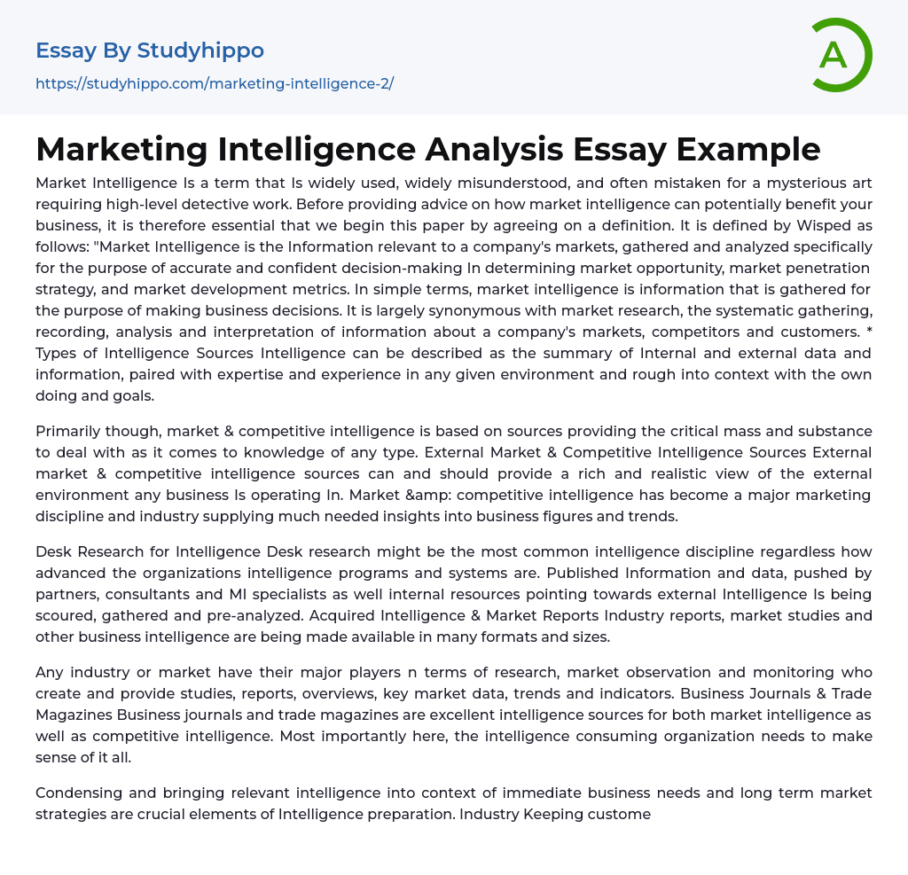 Marketing Intelligence Analysis Essay Example