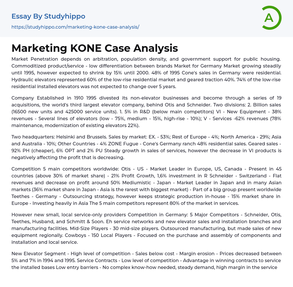 Marketing KONE Case Analysis Essay Example