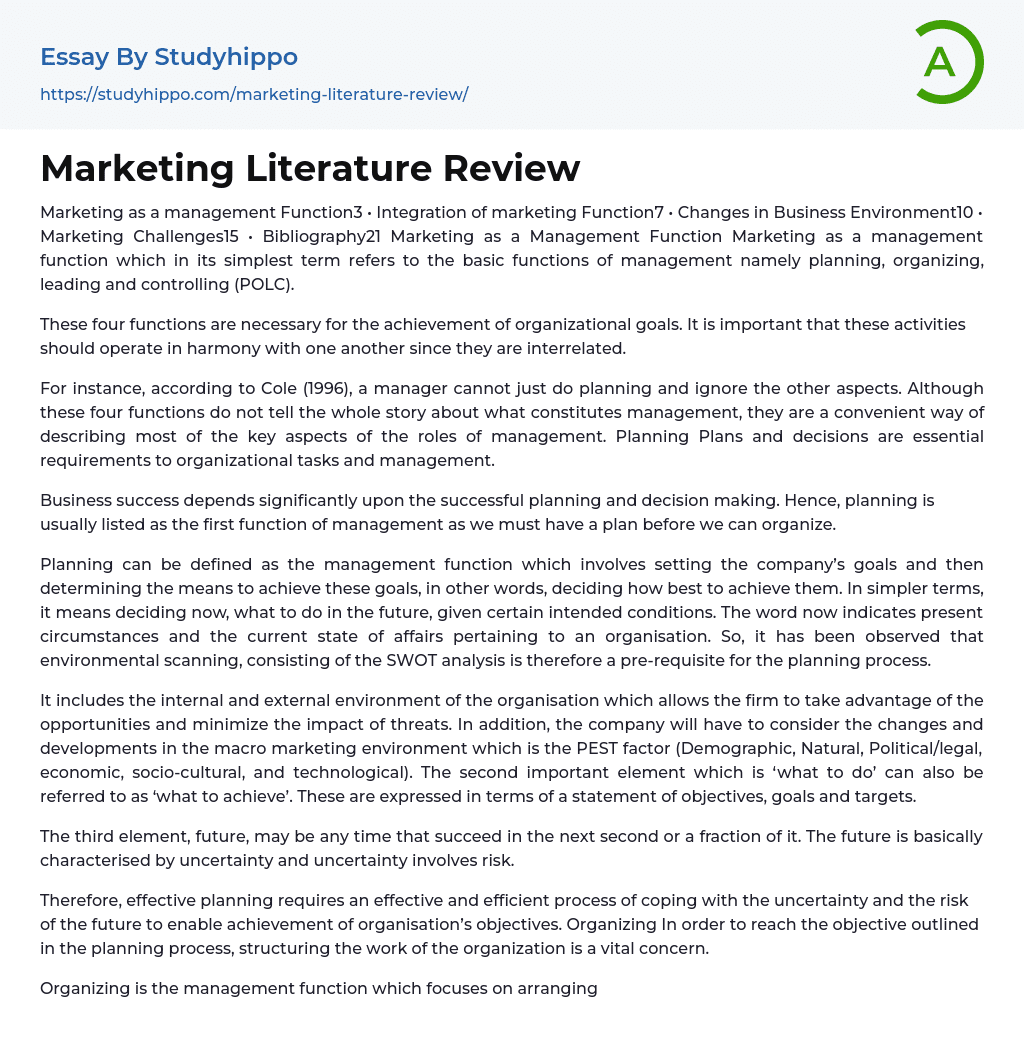 Marketing Literature Review: Marketing as a Management Essay Example