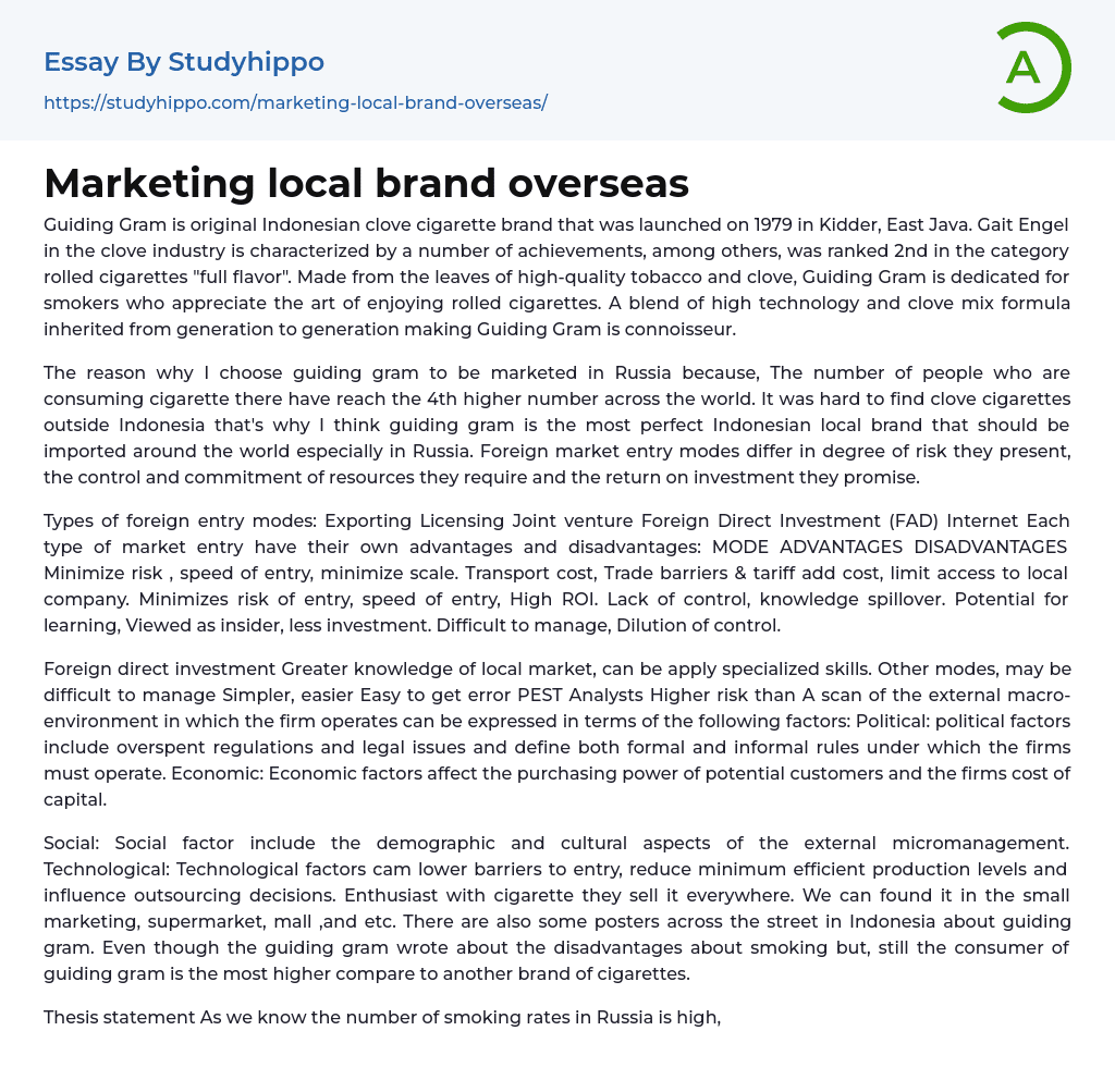 Marketing local brand overseas Essay Example