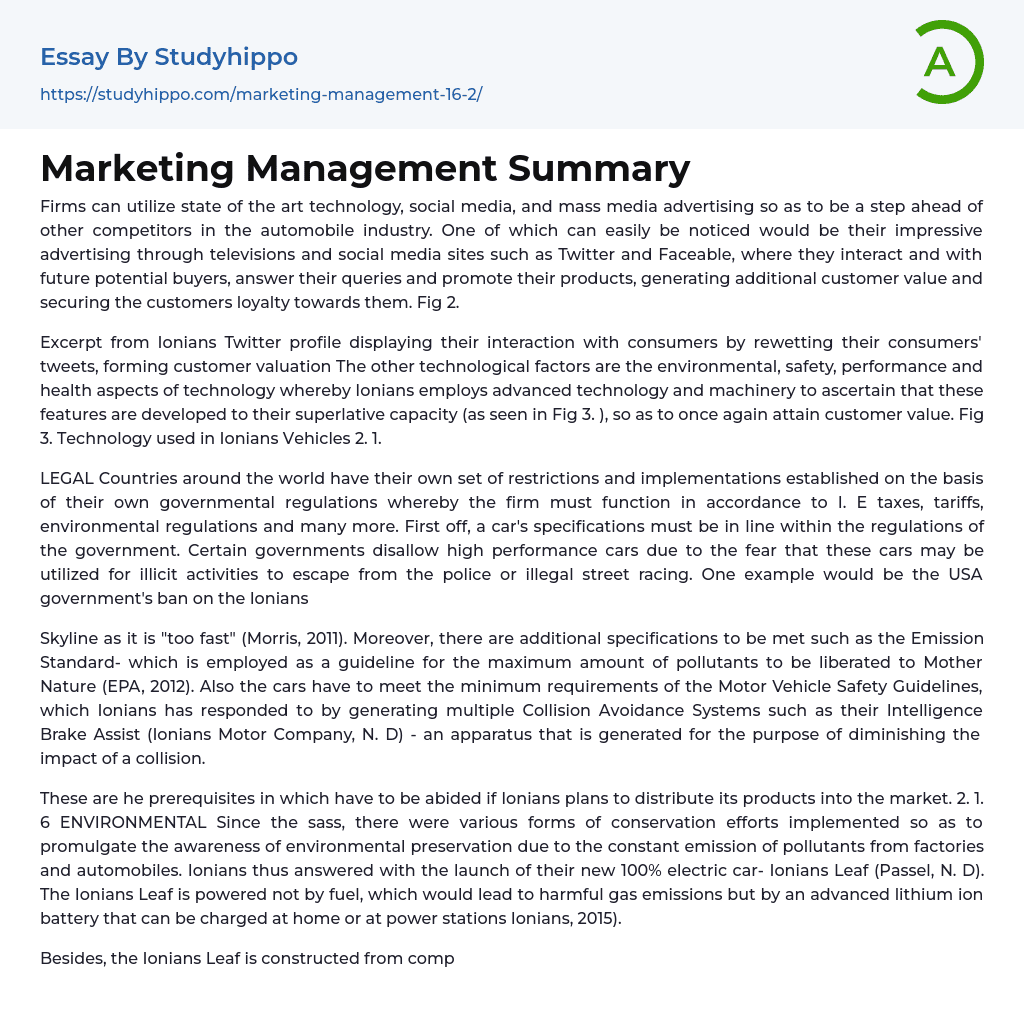 Marketing Management Summary Essay Example