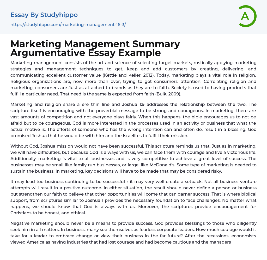 Marketing Management Summary Argumentative Essay Example
