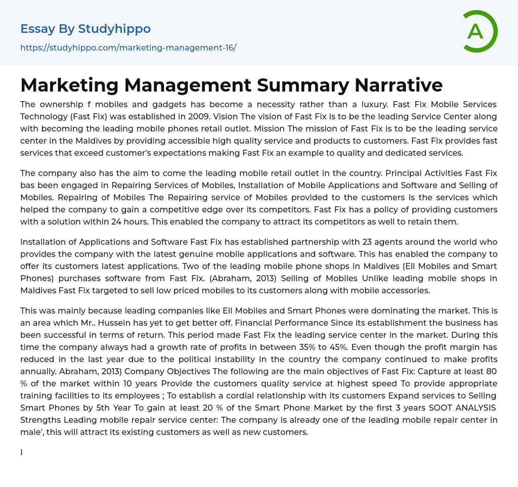 Marketing Management Summary Narrative Essay Example