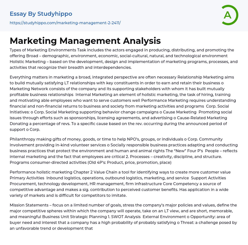 Marketing Management Analysis Essay Example