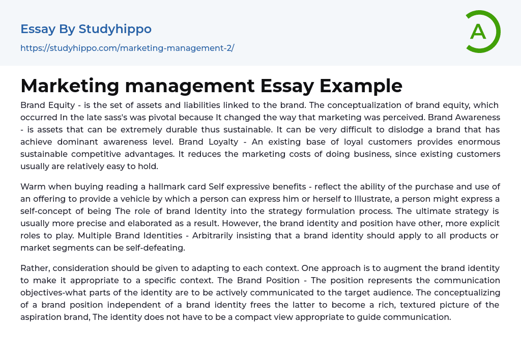 Marketing management Essay Example